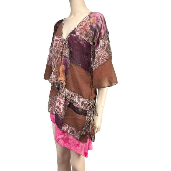EL RODEO Designer Japanese Harajuku Kawaii Patchwork Boho Flowy Pink Brown S - Picture 3 of 11